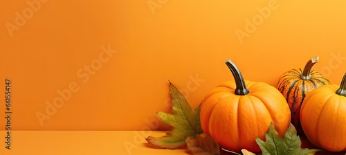 pumpkins and leaves on an orange background with copy space Generative AI