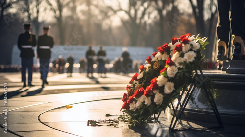 A wreath-laying ceremony at the Tomb of the Unknown Soldier, with copy space, blurred background