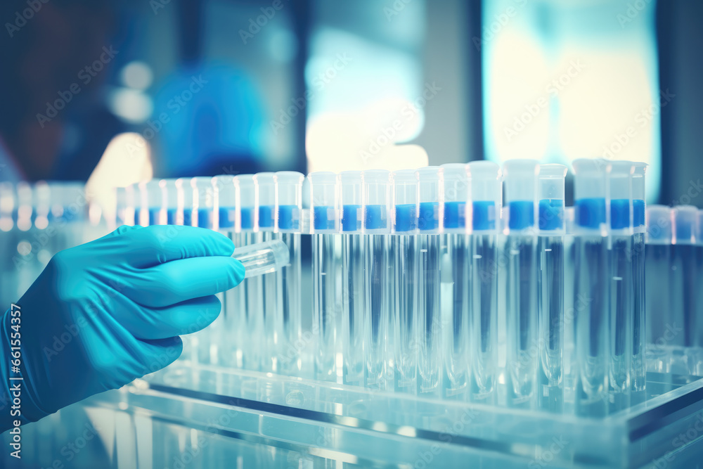 Medical Gloves Handling Test Tube Vials in Laboratory, Vaccine, Covid - Generative AI Medical Gloves Handling Test Tube Vials in Laboratory, Vaccine, Covid - Generative AI