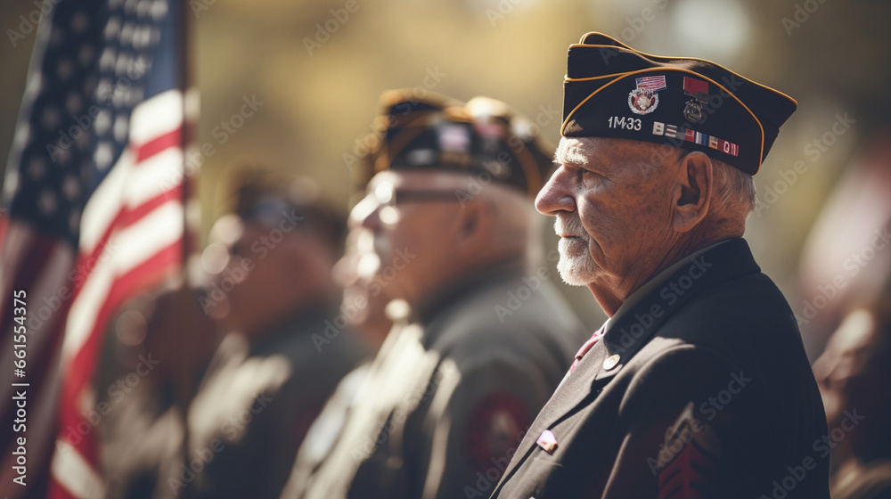A group of veterans standing in formation, saluting the flag during a solemn ceremony, with copy space, blurred background - obrazy, fototapety, plakaty 