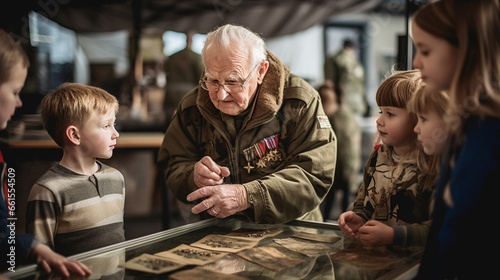 A veteran showing war memorabilia to a group of curious children, blurred background