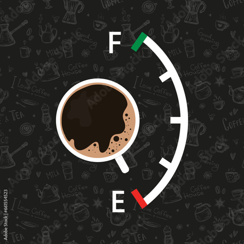 Power gauge on empty value. Need coffee break. Energy boost after coffee cup. Seamless pattern or texture with coffee elements on background. Motivational, printable banner.