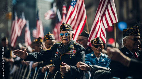 Veterans in a parade, waving to the crowd, blurred background photo