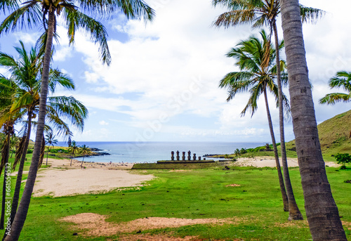 Anakena Beach, the most famous beach of Easter Island, where the set of moais Ahu Nau Nau is located. Chilean Polynesia photo