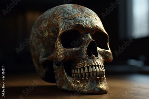 Skull on wooden table, closeup. Day of The Dead celebration