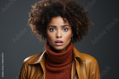 Surprised scared portrait of young woman on white background