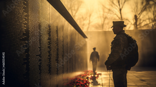 A veteran's shadow on a memorial wall with the names of fallen comrades, blurred background