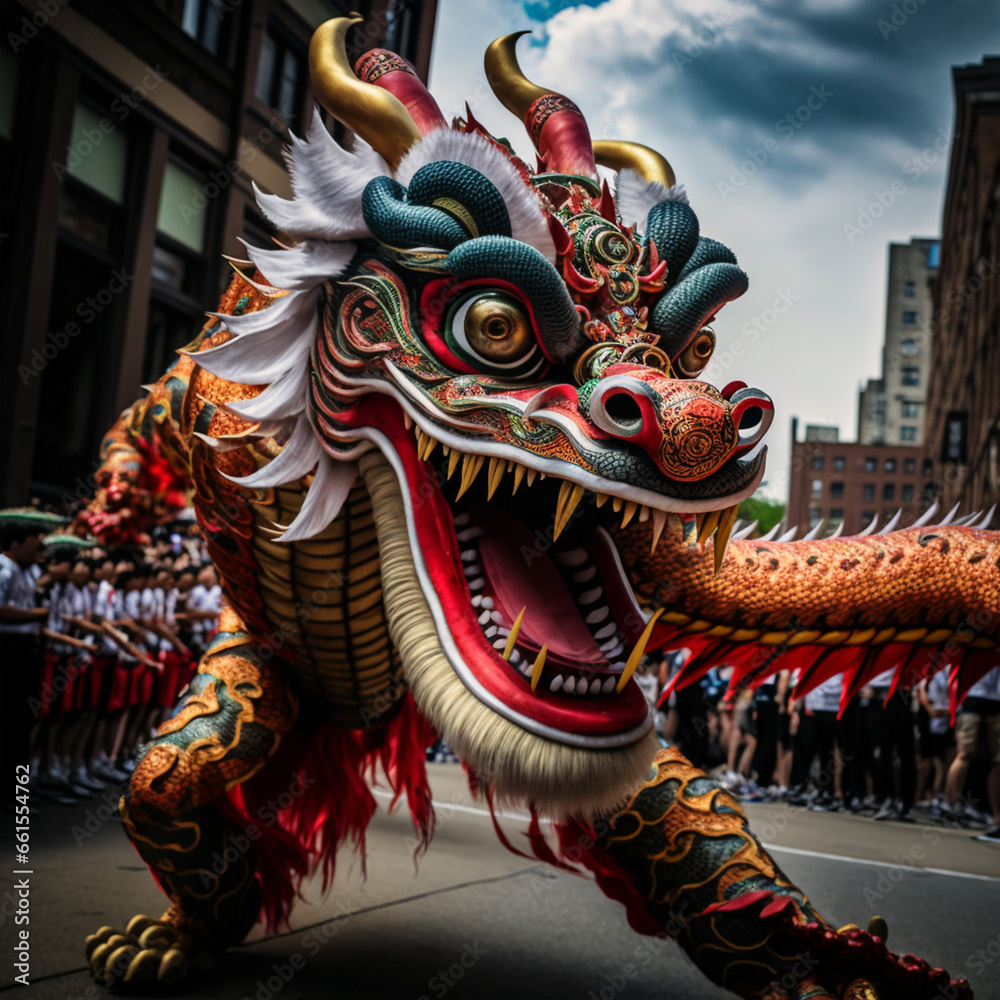 Dance with the Chinese dragon, there is a celebration on the streets of China, a positive atmosphere.