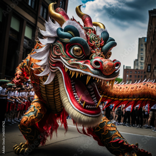 Dance with the Chinese dragon, there is a celebration on the streets of China, a positive atmosphere.