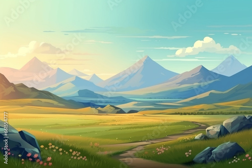 Beautiful landscape with mountains in the background. Vector illustration. EPS 10