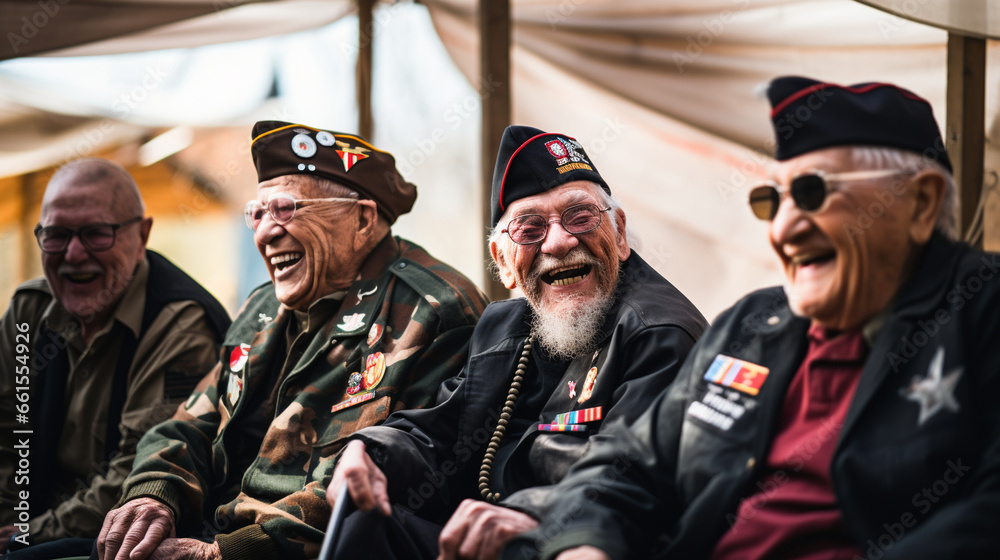 A group of veterans sharing a laugh and camaraderie, blurred background - obrazy, fototapety, plakaty 
