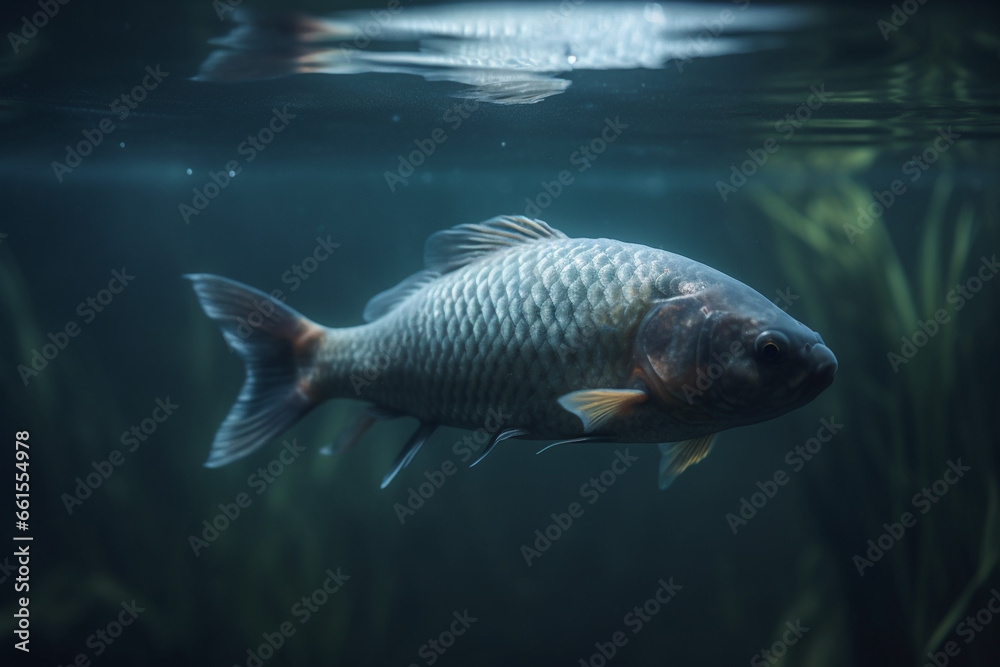 Fototapeta premium Close up of a common carp swimming in an aquarium. Aquarium.
