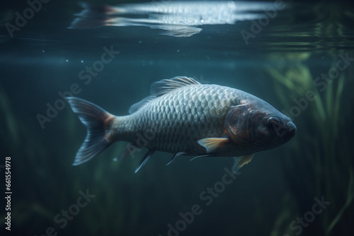 Close up of a common carp swimming in an aquarium. Aquarium. © Ahsan ullah
