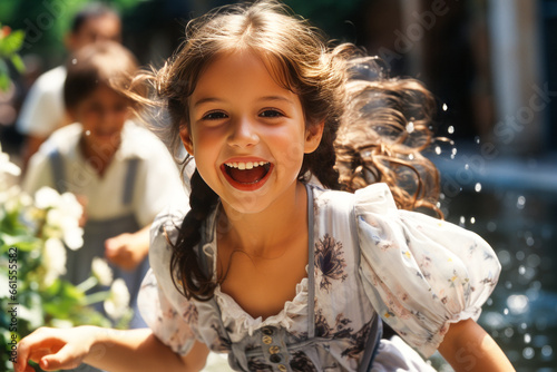 Young girl in traditional costume chases siblings by fountain in summer.