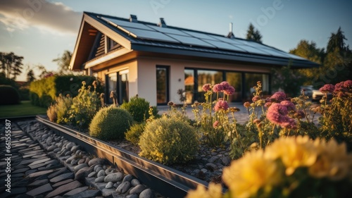 Newly Built Houses with Solar Panels. Eco-Friendly Living Beneath a Sunny Sky