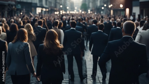 Back view large group of business people celebrating in the street