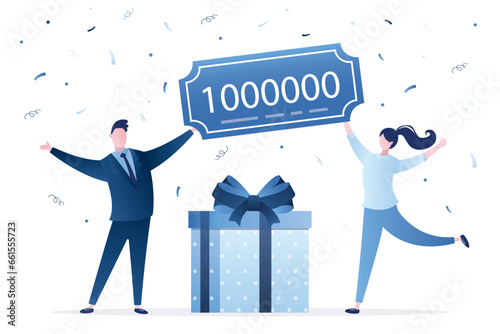 Happy and lucky winners celebrating winning lottery or contest. Big box with confetti and money prize. Winning cash prize, rewarding