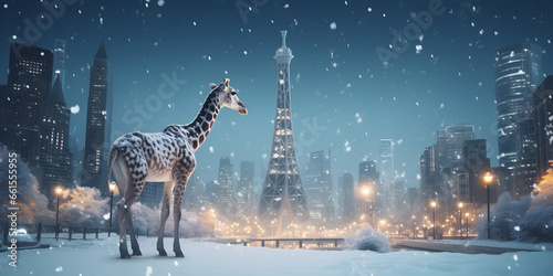 "Graceful Giants in Winter's Embrace: A Giraffe's Wonderland" | Background Design | Generative AI Artwork