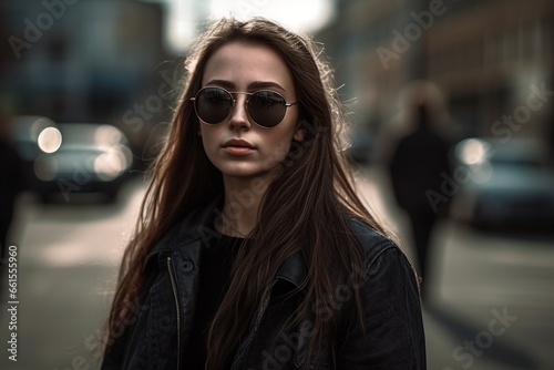 Stylish woman in sunglasses on street photo