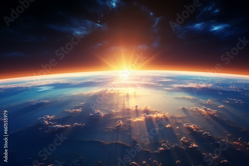 Sunrise over planet earth with bright sun, flare, and city lights. Generative AI