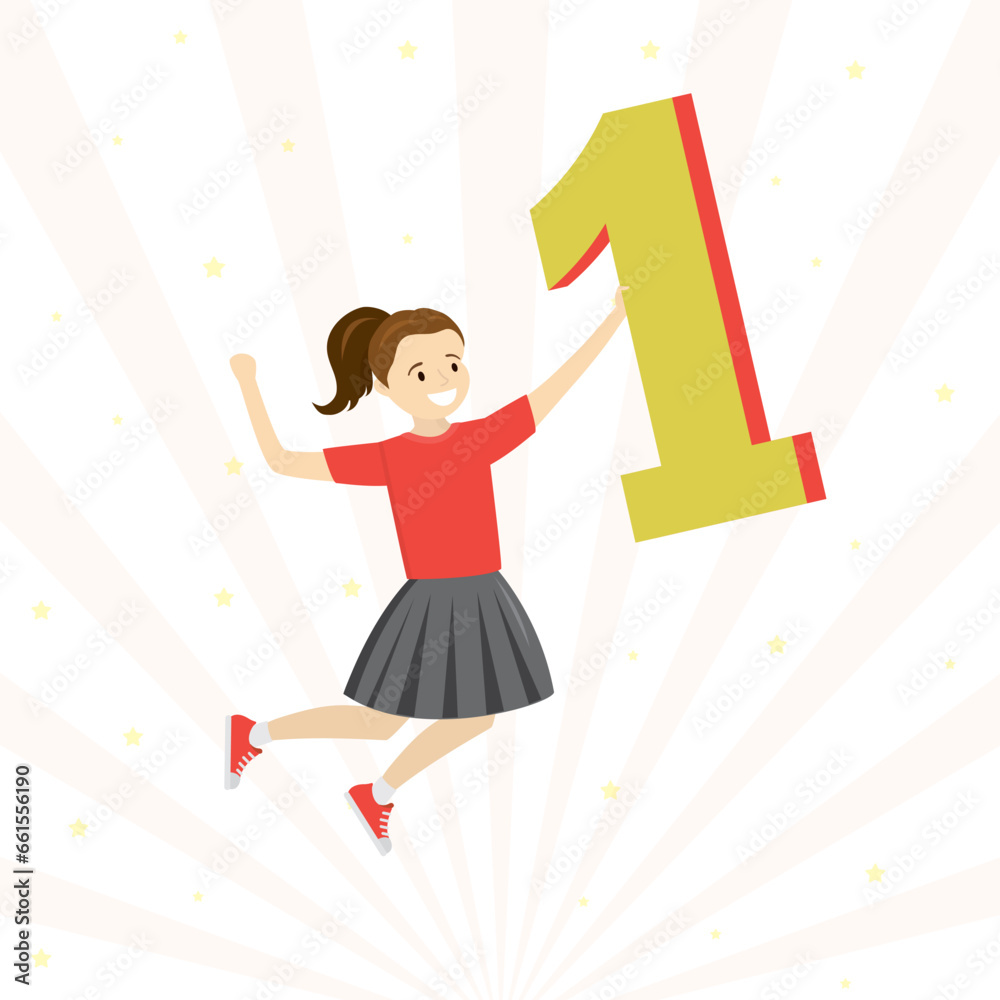 Happy caucasian schoolgirl in jump. Successful student girl holds number one. Award ceremony for winner. Cute kid on first place. Cartoon female character.