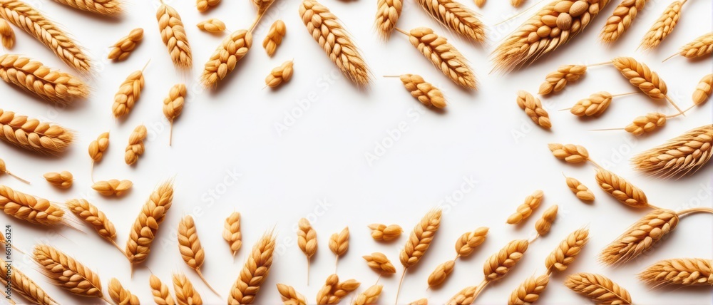 Background with wheat grains. Wheat ears and wheat grain on a white background with a place for text