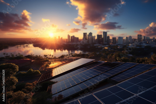 Solar panels with the sunset skyline of a city with skyscraper. Generative AI