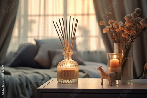 Aromatic diffuser in a comforting room, cozy setting with lovely scent, blurred surroundings. Generative AI photo