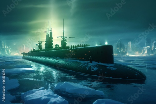 Nuclear submarine under aurora in Arctic waters. Generative AI