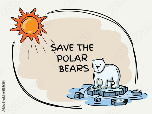 Color hand drawn illustration dedicated to the theme of global warming with a dying polar bear.