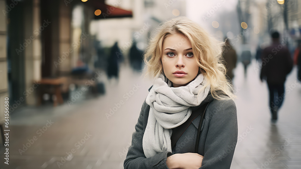 Fototapeta premium Young single woman on a city street. Autumn Depression, loneliness in the big city. 