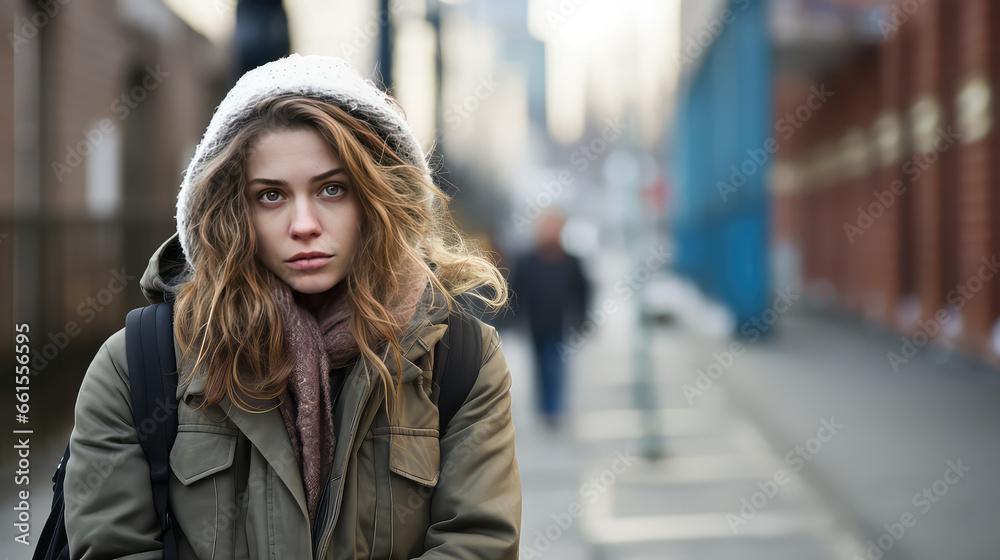 Young single woman on a city street. Autumn Depression, loneliness in the big city. Young single woman on a city street. Autumn Depression, loneliness in the big city.