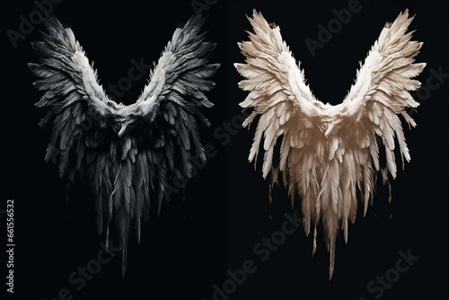 Detailed design of angel wings on contrasting black and white backgrounds. Generative AI