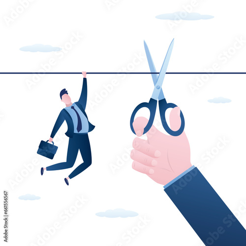 Businessman hangs on rope, giant hand uses scissors and cuts rope. Betrayal in business, dismissal, layoff. Conflict at work leads to problems. Downsizing, unemployment
