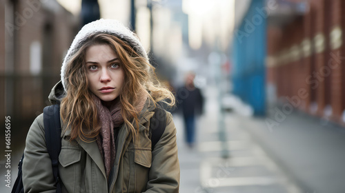 Young single woman on a city street. Autumn Depression, loneliness in the big city. 