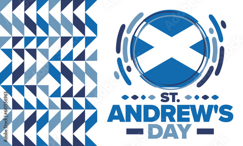 Saint Andrew's Day in Scotland. National day in Scotland. Happy holiday Andermas, celebrated annual in November 30. Scottish flag. Patriotic elements. Poster, card, banner and background. Vector