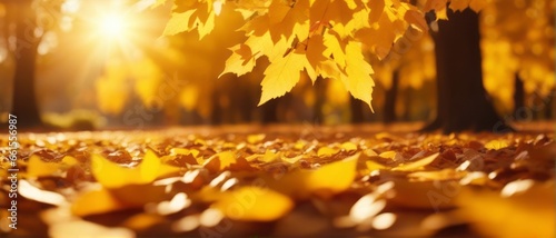 Beautiful autumn landscape with yellow leaves and sun. Colorful foliage in the park. Falling leaves © adi