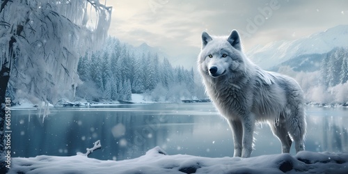 "Winter's Watch: The Lone Wolf in the Snowy Wilderness" | Background Design | Generative AI Artwork