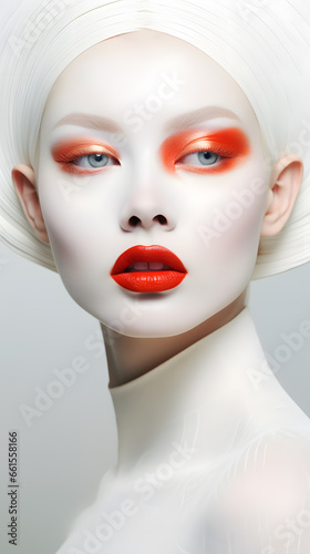 Albino woman with red lips portrait