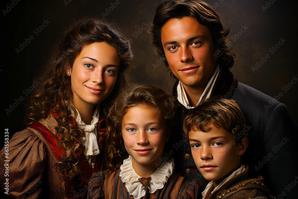 Fototapeta premium French family in traditional costumes, minimalist and generational.