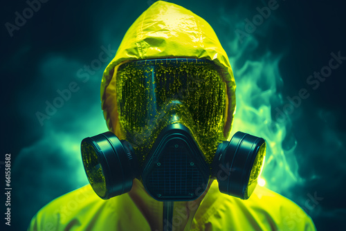 Man in bio hazard suit, luminous color palette photo