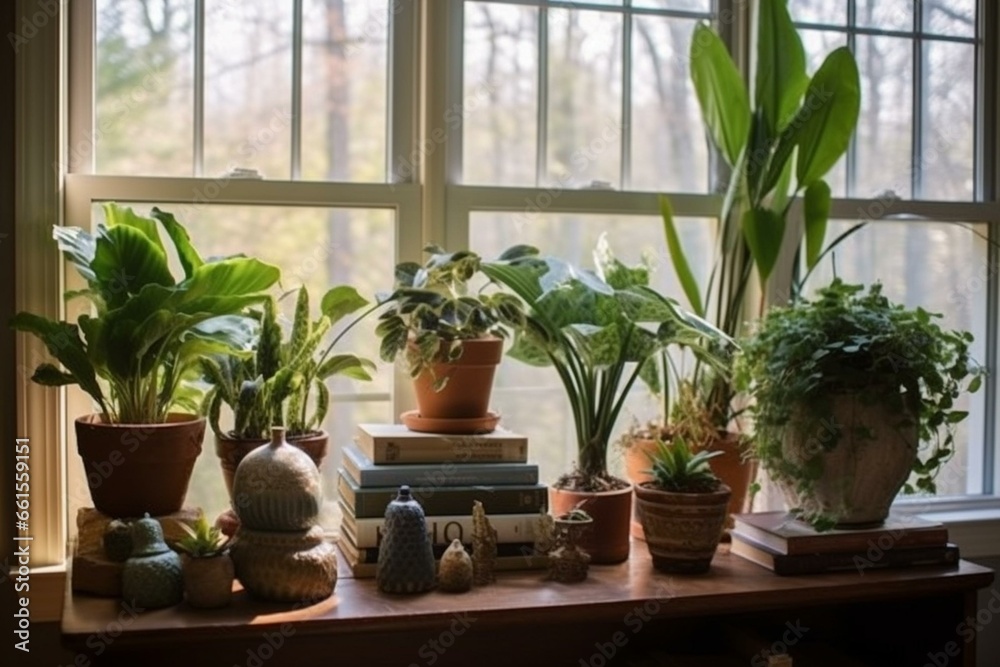 Houseplants, side tables, flower pots. Generative AI