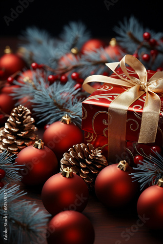 Elegant red gift package decorated with a showy ribbon and several balls, flowers and branches for the Christmas tree, blurred background, Christmas theme