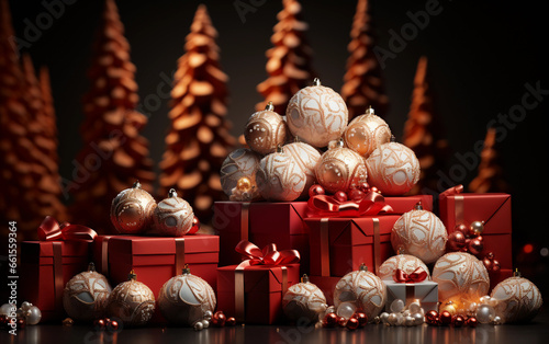 Elegant red gift packages decorated with an eye-catching ribbon and several balls, flowers and branches for the Christmas tree, blurred background, Christmas theme