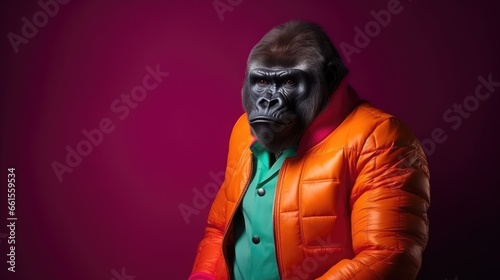 fashion photo. stylish gorilla posing in bright modern clothing and sunglasses in the studio