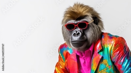 fashion photo. stylish gorilla posing in bright modern clothing and sunglasses in the studio © zayatssv