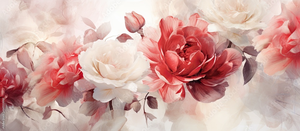 Vintage watercolor floral seamless pattern featuring red white and pink tea roses in a colorful blur with a double exposure effect