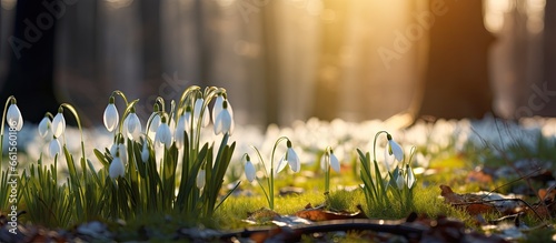 Snowdrops in a forest under the setting sun beautify the day and awaken love in families and nature With copyspace for text