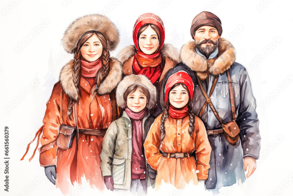 Russian family in traditional attire across generations, drawn on white.