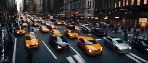 Cars in movement with motion blur. A crowded street scene in downtown Manhattan, Cars in movement